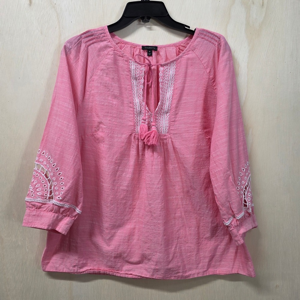 Talbots Womens Pink Cotton Eyelet Embroidered Tassel Peasant Blouse Size M